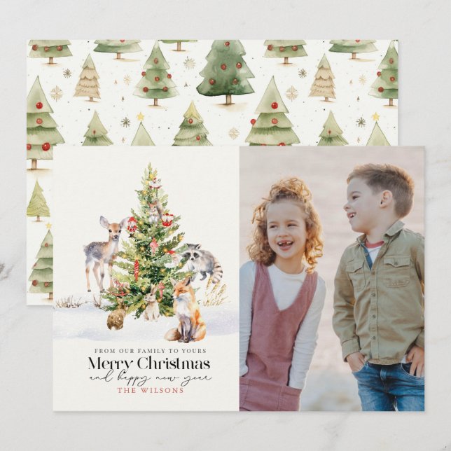 Foto av Woodland Forest Animals Julgran Julkort (Fram/baksida)