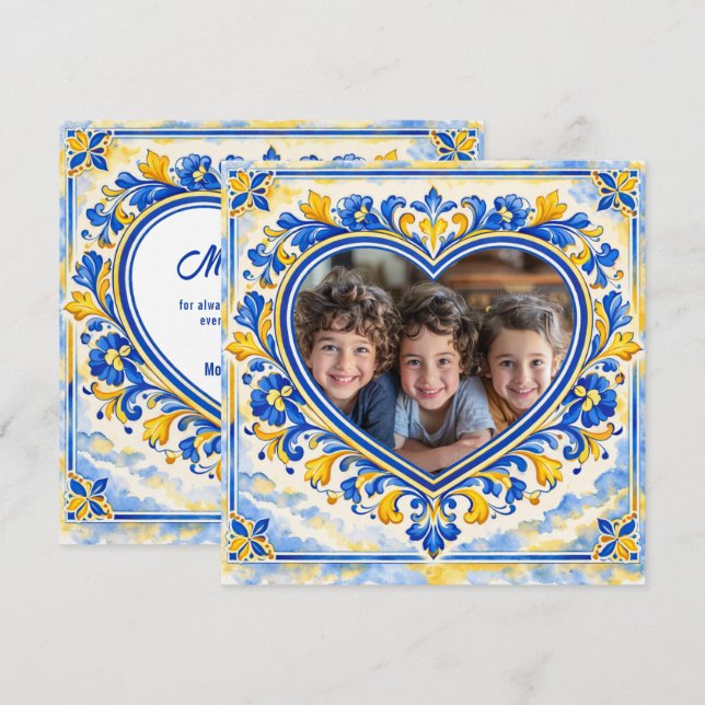💙 Foto Azulejo Hjärtformat Tack-Kort Tack Kort (Fram/baksida)