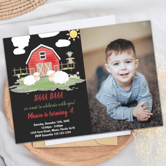 Foto Baa Red House Farm Birthday-inbjudan Inbjudningar (Photo Baa Baa Red House Farm Birthday Invitations)