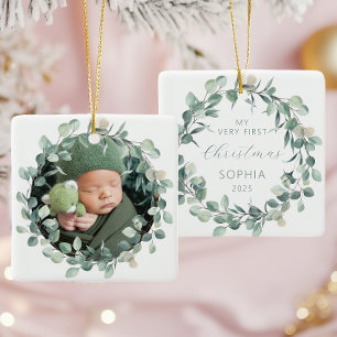 Foto Baby Första Julen Eukalyptus Krans Julgransprydnad Keramik
