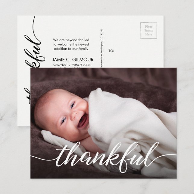 Foto Baby Tack Birth of Thanktive Script Anpassnin Meddelande Vykort (Fram/baksida)