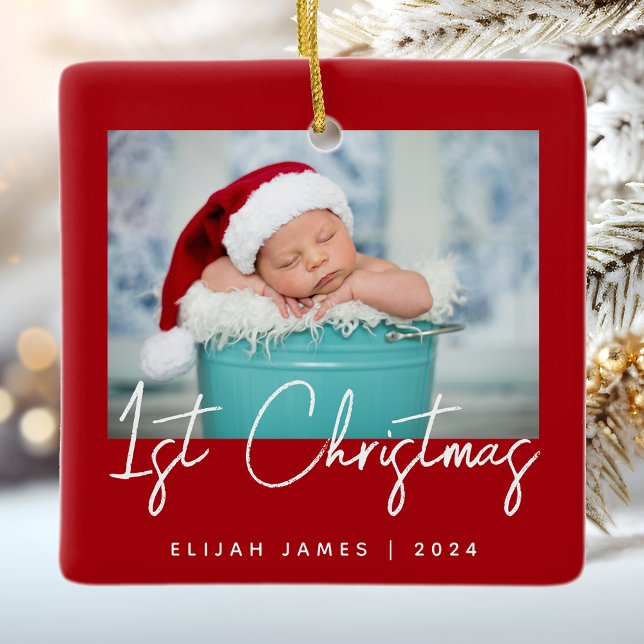 Foto Baby's Första Jul Röda Vita Skrift Julgransprydnad Keramik (Skapare uppladdad)