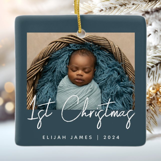 Foto Baby's Första Jul Teal Blå Vit Julgransprydnad Keramik (Skapare uppladdad)