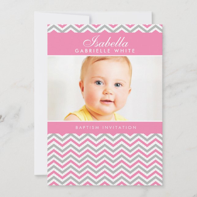 FOTO BAPTISM-INBJUDAN: Söt schevron-rosa Inbjudningar (Framsida)