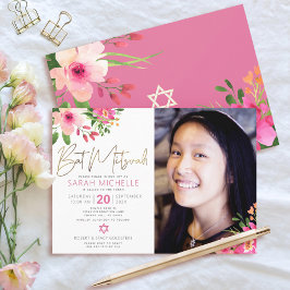 Foto - Bat mitzvah Blommigt - skript Guld med vatt Inbjudningar