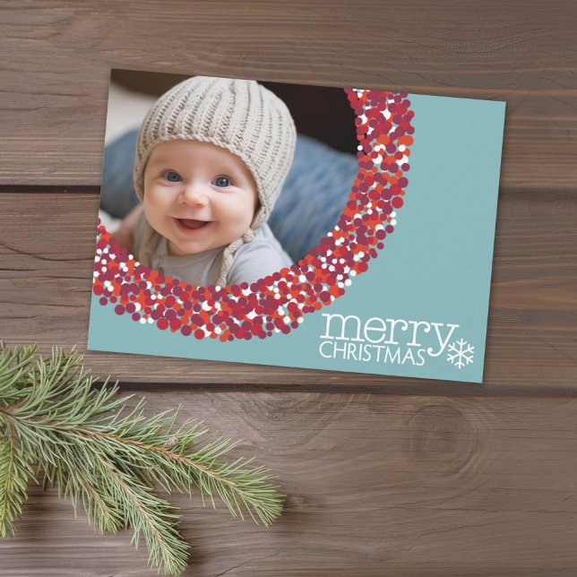 Foto - berry Wandered teal - Cirkeln gräns Julkort (1 Photo Christmas Card with a Whimsical Berry Wreath Border)