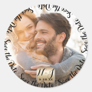Foto Bild Guld Modern Bröllop Save the Date Runt Klistermärke