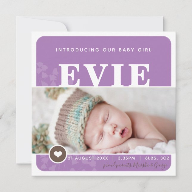 FOTO BIRTH ANNOUNCEMENT Hjärtat lila botanik Meddelande (Framsida)