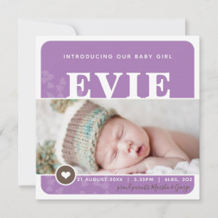 FOTO BIRTH ANNOUNCEMENT Hjärtat lila botanik Meddelande