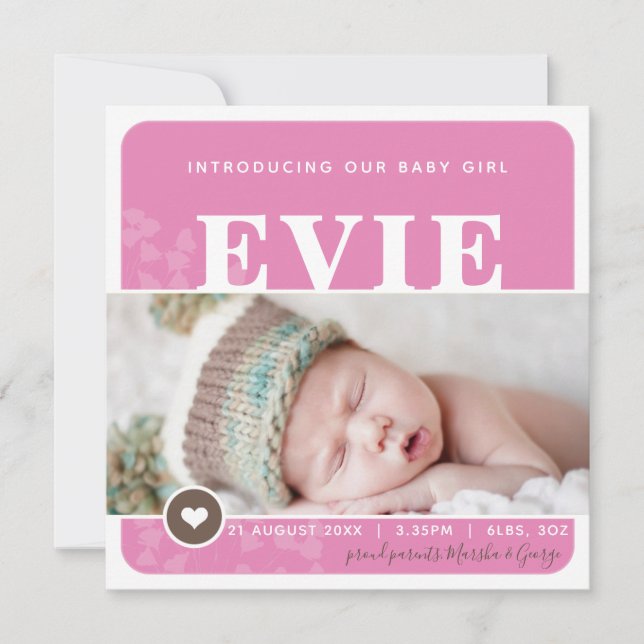 FOTO BIRTH ANNOUNCEMENT Hjärtat rosa botanik Meddelande (Framsida)