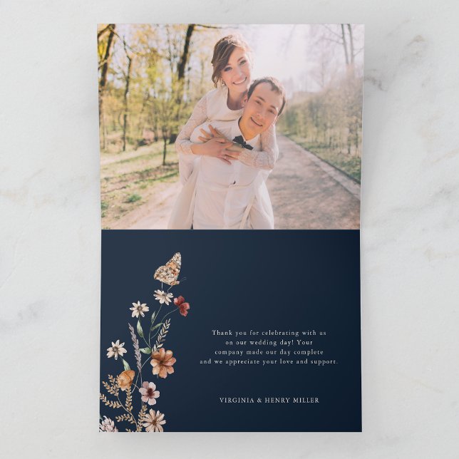 Foto Blå Blommig Boho Bröllop Tacksamhetskort Tack Kort (Folding Photo Navy Blue Floral Boho Wedding Thank You Card by Painted Paperie
)