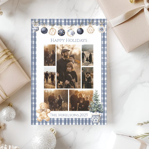 Foto Blå Gingham-ornament Familj Jul Julkort