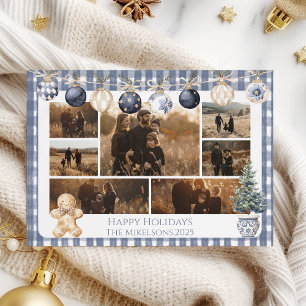 Foto Blå Gingham-ornament Familj Jul Julkort