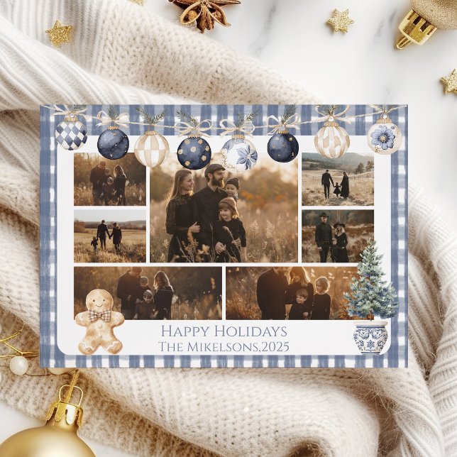 Foto Blå Gingham-ornament Familj Jul Julkort (Skapare uppladdad)