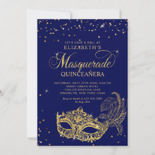 Foto Blå Guld Glitter Maskerad Quinceañera Inbjudningar