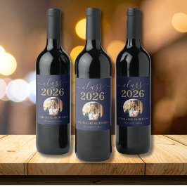 Foto Blå Guld Skrift Klass 2026 Examen Fest Vinflaska Etikett