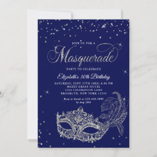 Foto Blå Silver Glitter Maskerad Födelsedag Inbjudningar