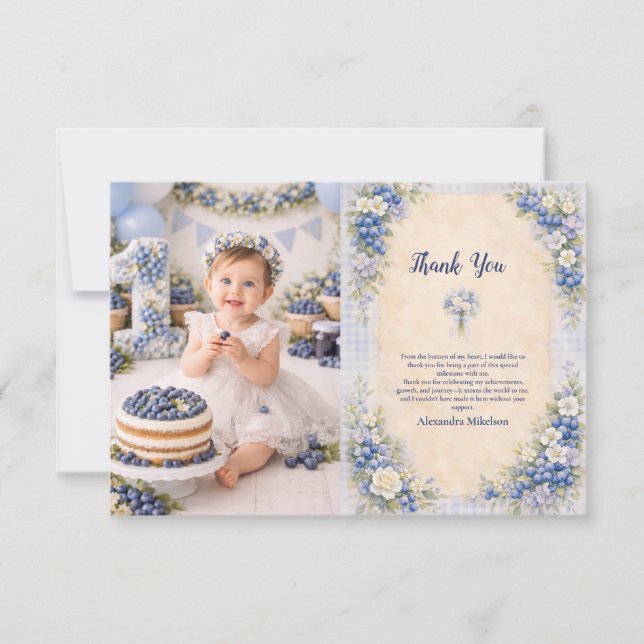 Foto Blåbärs Blommig Saga 1-årsdag Tack Kort (Framsida)