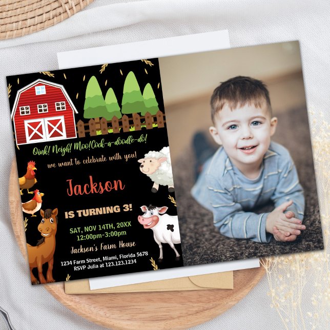Foto Black Brown Grönt Farm Birthday-inbjudningar Inbjudningar (Photo Black Brown Green Farm Birthday Invitations)