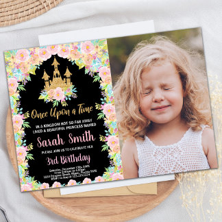 Foto Black Golden Princess Birthday Investigations Inbjudningar