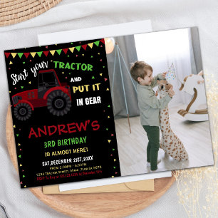 Foto Black Red Tractor Birthday-inbjudningar Inbjudningar