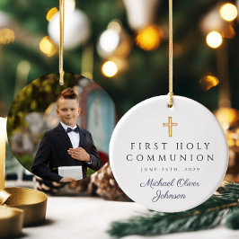 Foto Blått Religiöst Kors Pojke Första Kommunion Julgransprydnad Keramik