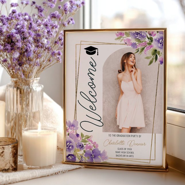Foto Blommig Boho lila guld skrivstil examen Poster (Photo Floral Boho purple gold script graduation Poster)