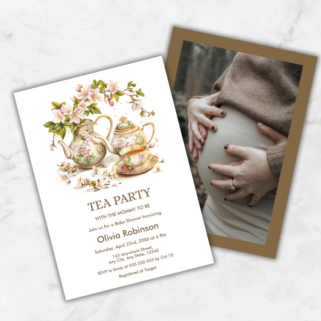 Foto Blommig Tekväll för Tea Baby Shower  Inbjudningar (Photo Floral Tea Party Time for Tea Baby Shower Invitation   )