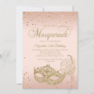Foto Blush Rosa Guld Glitter Maskerad Födelsedag Inbjudningar