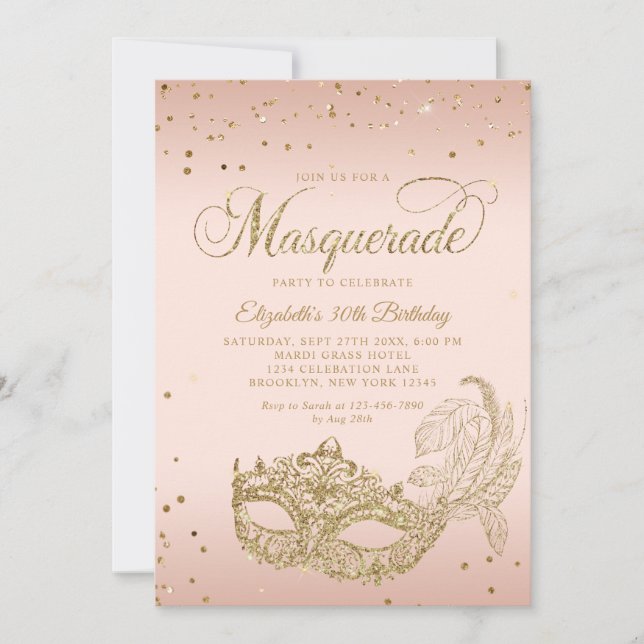 Foto Blush Rosa Guld Glitter Maskerad Födelsedag Inbjudningar (Framsida)