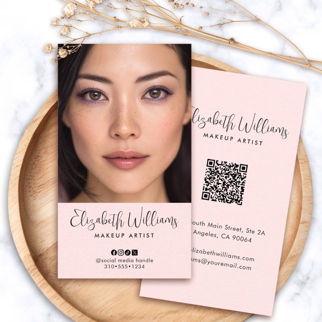 Foto Blush Rosa Skript Socialt Ikon QR-kod Smink Visitkort (Skapare uppladdad)