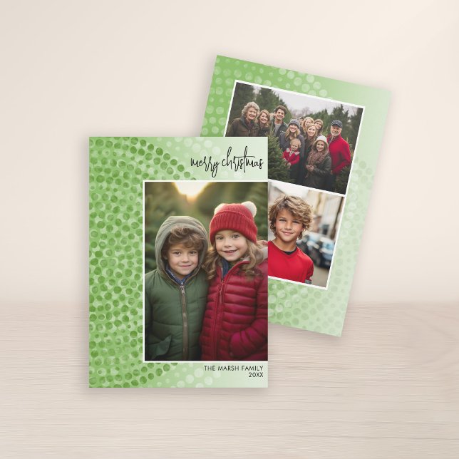 Foto - Bohemisk rotcirkel - Funky för Grönt Julkort (3 Photo Christmas Card with Boho Watercolor Pattern - Print and Download Option)