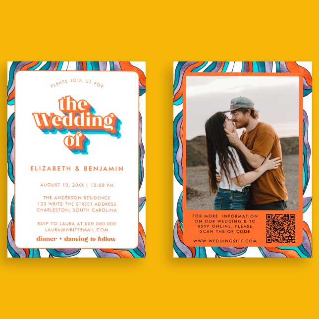 Foto Boho Groovy Retro Blå QR-kod Vågig Bröllop Inbjudningar (Front and Back)