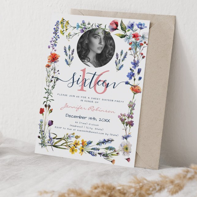 FOTO Boho Pressade Vildblommor Söt 16 Födelsedag Inbjudningar (PHOTO Boho Pressed Wildflowers Sweet 16 Birthday Invitation)