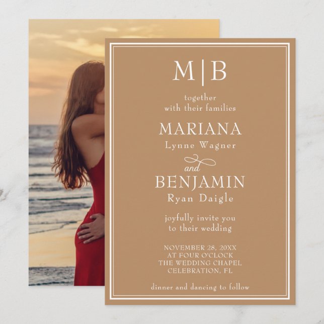 Foto Boho Tan Modern Kant Minimalist Bröllop Inbjudningar (Fram/baksida)