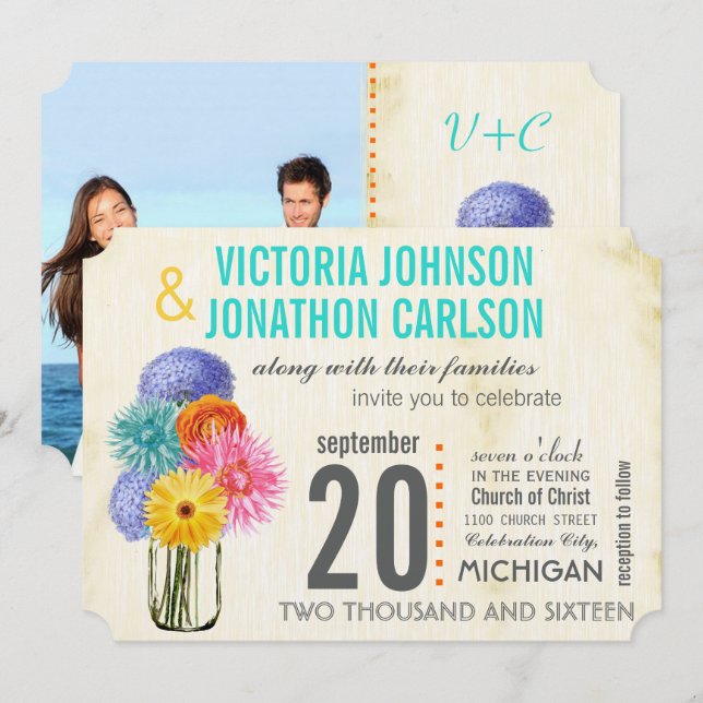 Foto Bouquet i en bröllopsinbjudan Mason Burk Inbjudningar (Fram/baksida)