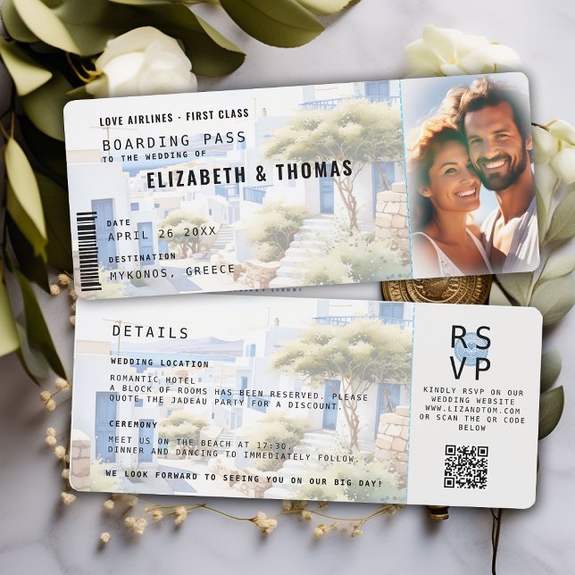 Foto Bröllop för landningstillstånd för Greklands  Inbjudningar (destination wedding invitation mykonos greek islands boarding pass photo white blue photo elegant )