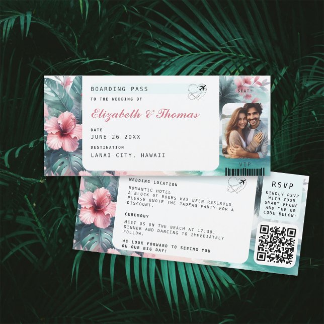 Foto Bröllop för nödpass för destinationsort Inbjudningar (tropical destination wedding invitation ticket floral hibiscus watercolor qr code photo all in one)