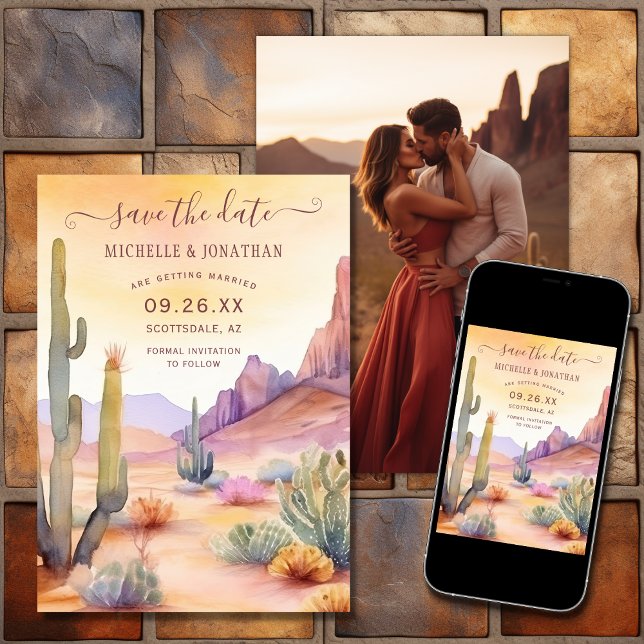 Foto Bröllop för sydväst-öknen Spara Datumet (Printed and Digital - Watercolor Southwestern Desert Photo Wedding Save The Date)