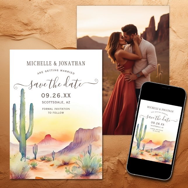 Foto Bröllop för sydväst-öknen Spara Datumet (Printed and Digital - Watercolor Southwestern Desert Photo Wedding Save The Date)