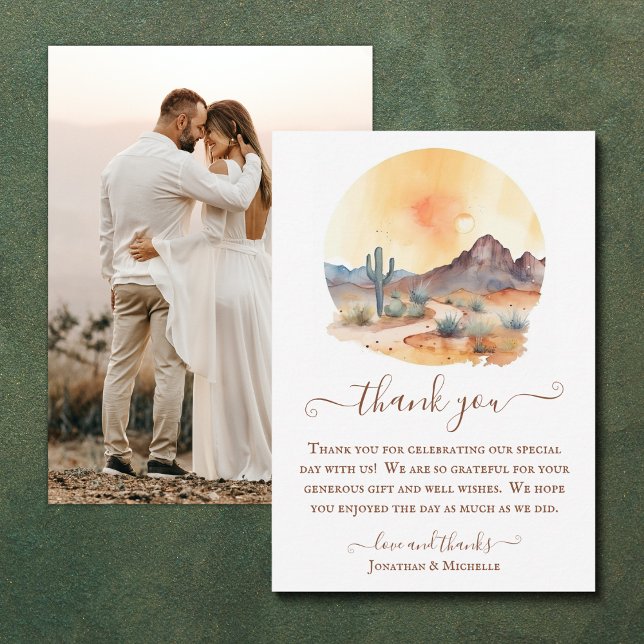 Foto Bröllop för sydväst-öknen Tack Kort (Watercolor Southwestern Desert Photo Wedding Thank You Card)