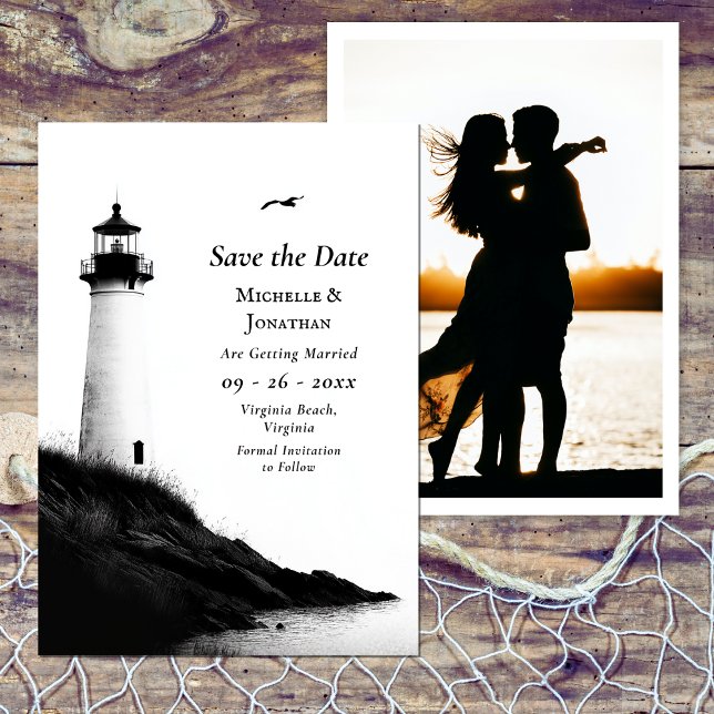 Foto Bröllop på kustbeach Nautical Lighthouse Spara Datumet (Coastal Beach Nautical Lighthouse Photo Wedding Save The Date)