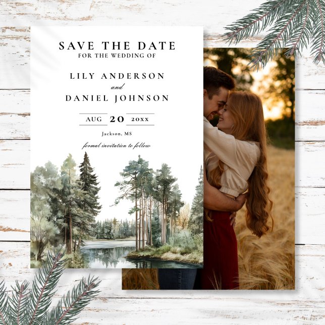 Foto Bröllop på skogsträtt i Sjö Spara Datumet (Watercolor Lake Forest Woodland Photo Wedding Save The Date)