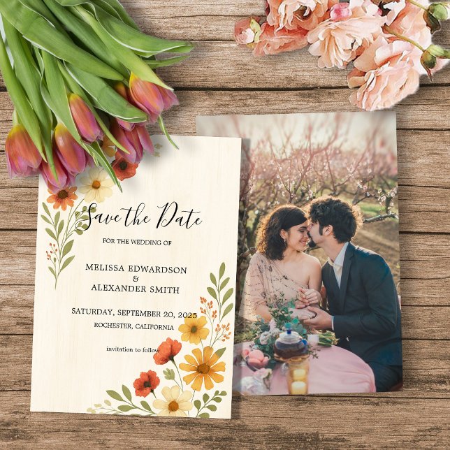 Foto bröllop spara datum inbjudningar (Watercolor flowers photo boho wedding Save the date Invitation.)