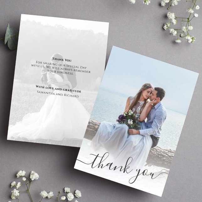 Foto bröllop Tack Calligraphy 2 Kort (Elegant wedding thank you card with a 2 photo template)