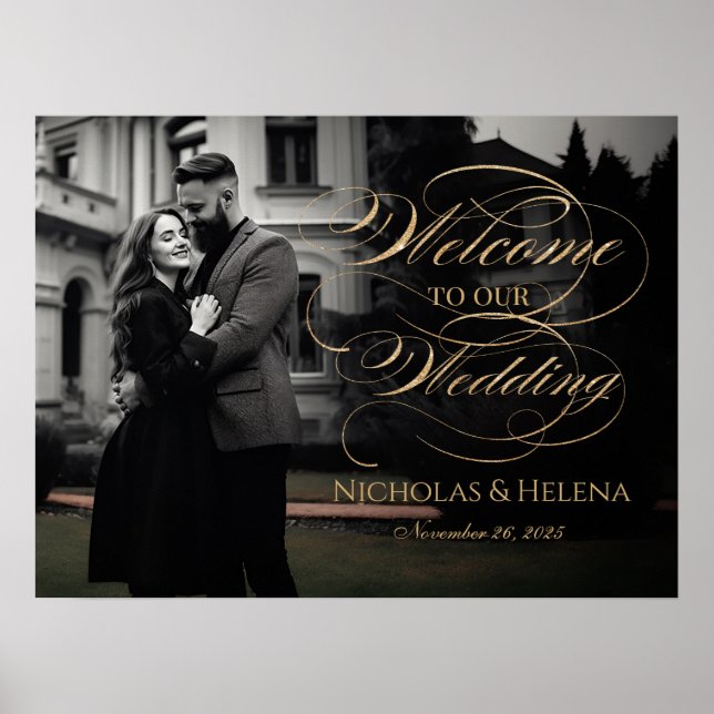Foto bröllop välkomstskylt elegant guldskrift poster (Framsidan)