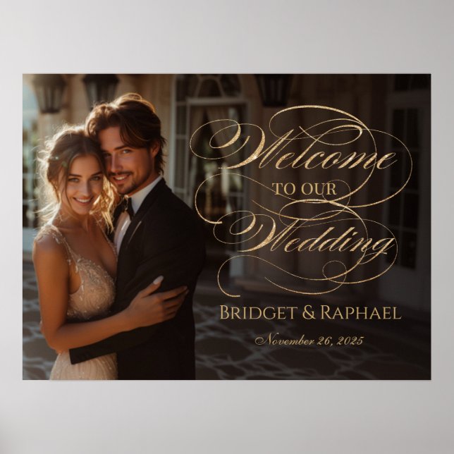 Foto bröllops välkomstskylt, elegant guldskrift poster (Framsidan)