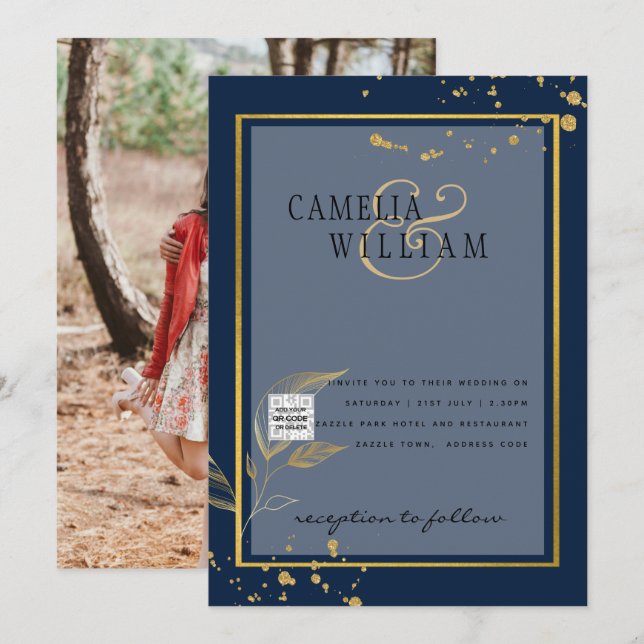 FOTO Bröllopsinbjudan QR-kod Spara datum BLÅ Inbjudningar (Fram/baksida)