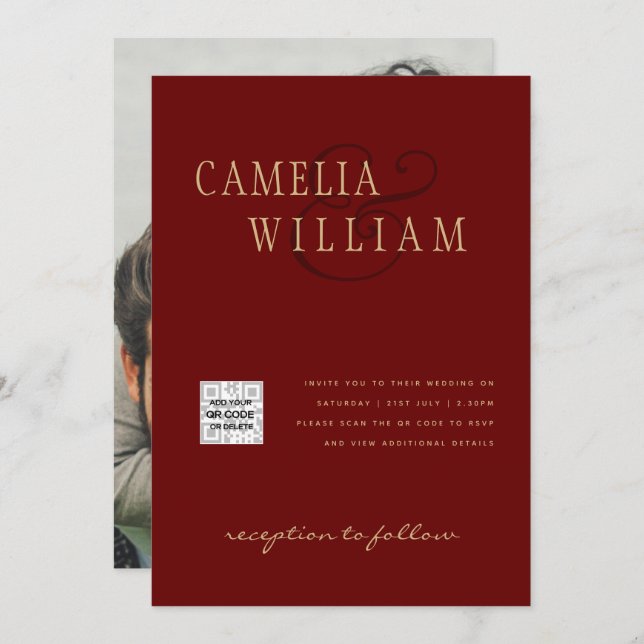 Foto Bröllopsinbjudan QRCode RSVP Burgunderröd Inbjudningar (Fram/baksida)