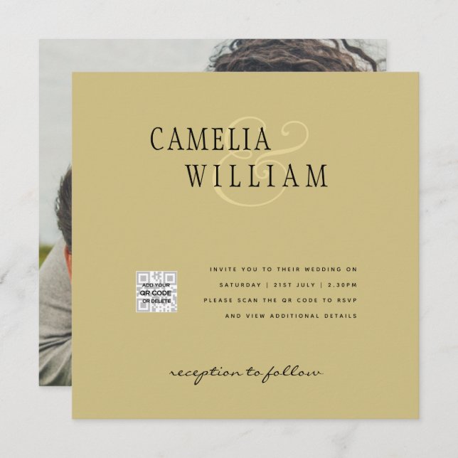Foto Bröllopsinbjudan QRCode RSVP Guld Gul (Fram/baksida)